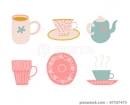 Cute Hand Drawn Teapot, Saucer and Cup for Drinking Tea Vector Set 97597473