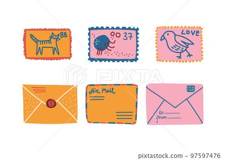 Postal Symbol with Closed Letter and Postage Stamp or Mark Vector Set. Postal Symbol with Closed Letter and Postage Stamp or Mark Vector Set. 97597476