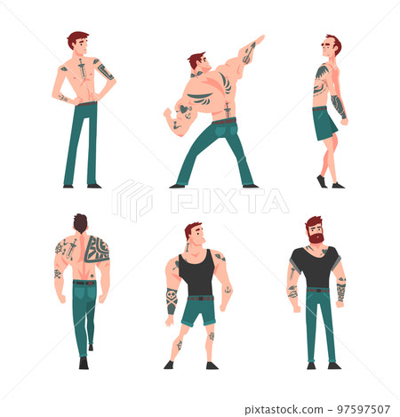 Tattooed or Inked Man in Standing Pose Vector Set 97597507