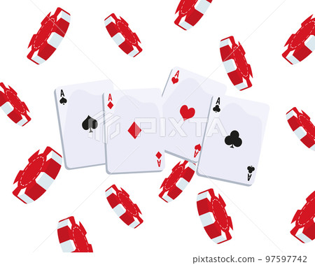 Casino background, aces of different suits and red playing chips on a white background. Illustration, vector Casino background, aces of different suits and red playing chips on a white background. Illustration, vector 97597742