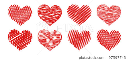 Set of red doodle hearts, hand drawn hatched hearts. Decor elements, icons, vector Set of red doodle hearts, hand drawn hatched hearts. Decor elements, icons, vector 97597743