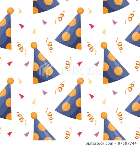Festive seamless pattern, party hats, confetti and golden serpentines. Festive background, print, vector Festive seamless pattern, party hats, confetti and golden serpentines. Festive background, print, vector 97597744