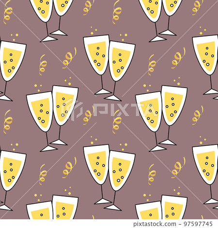 Festive seamless pattern, champagne glasses and golden streamers. Festive background, print, vector Festive seamless pattern, champagne glasses and golden streamers. Festive background, print, vector 97597745