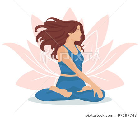 Girl in a yoga pose on the background of a lotus, meditation. Lifestyle concept. Illustration, vector Girl in a yoga pose on the background of a lotus, meditation. Lifestyle concept. Illustration, vector 97597748