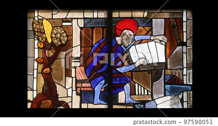Scenes from the life of St. Paul, stained glass window in the parish church of St. Peter and Paul in Oberstaufen, Germany Scenes from the life of St. Paul, stained glass window in the parish church of St. Peter and Paul in Oberstaufen, Germany 97598051
