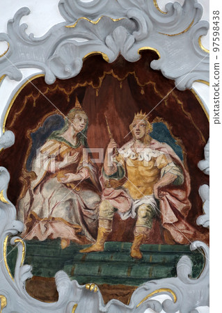 Fresco on the ceiling of the Church of Our Lady of Sorrows in Rosenberg, Germany Fresco on the ceiling of the Church of Our Lady of Sorrows in Rosenberg, Germany 97598438