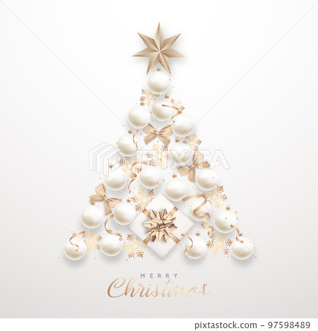 Elegant Christmas tree of 3d realistic white baubles, star and gift box. Elegant Christmas tree of 3d realistic white baubles, star and gift box. 97598489