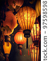 Closeup of chinese paper lantern with lights surrounded 97598598