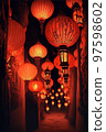 Festive new year decorations with chinese red lanterns 97598602
