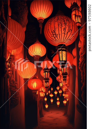 Festive new year decorations with chinese red lanterns Festive new year decorations with chinese red lanterns 97598602