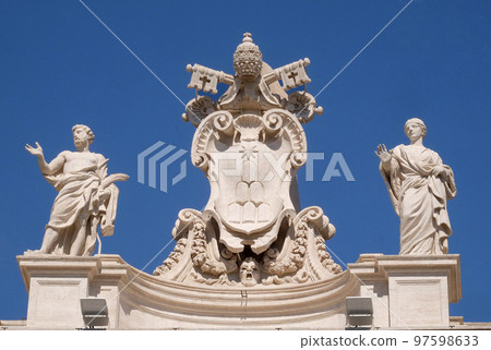 St. Vitalis, Alexander VII Coat of Arms, St. Petronilla, fragment of colonnade of St. Peters Basilica in Rome, Italy 97598633