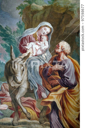 Flight to Egypt, fresco in the St Nicholas Cathedral in Ljubljana, Slovenia Flight to Egypt, fresco in the St Nicholas Cathedral in Ljubljana, Slovenia 97598677