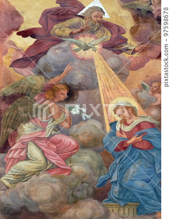 Annunciation of the Virgin Mary fresco on the facade of St Nicholas Cathedral in Ljubljana, Slovenia Annunciation of the Virgin Mary fresco on the facade of St Nicholas Cathedral in Ljubljana, Slovenia 97598678