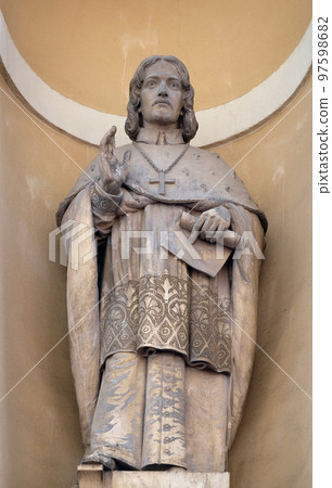 Sigismund von Lamberg, first bishop of Ljubljana on the facade of St Nicholas Cathedral in Ljubljana, Slovenia 97598682