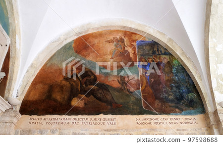 The frescoes with scenes from the life of St. Francis of Assisi, cloister of the Franciscan monastery of the Friars Minor in Dubrovnik, Croatia 97598688