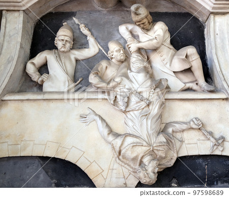St. John Nepomuk on the facade of the church of St. Florian in Ljubljana, Slovenia 97598689