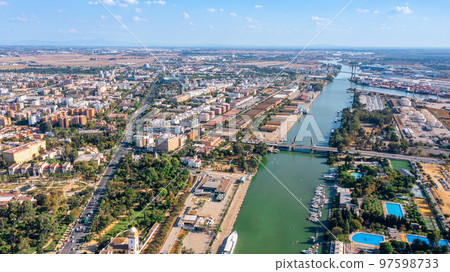 Aerial view of the Spanish city of Seville in the Andalusia region on the river Guadaquivir 97598733