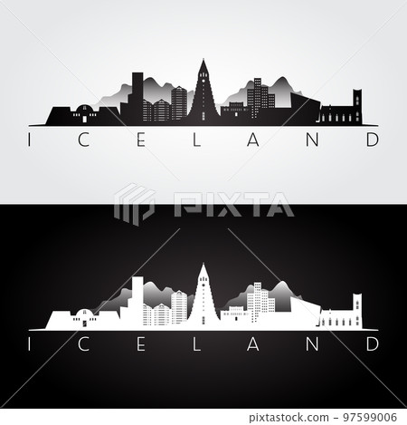 Iceland skyline and landmarks silhouette Iceland skyline and landmarks silhouette 97599006
