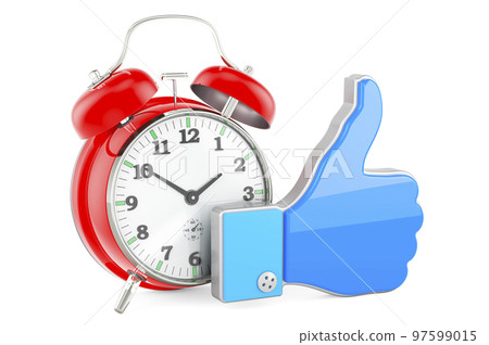 Alarm clock with like icon, 3D rendering Alarm clock with like icon, 3D rendering 97599015