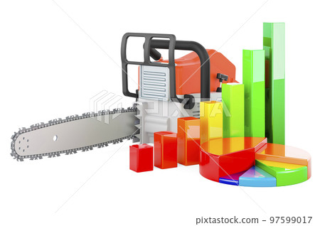 Chainsaw with growth bar graph and pie chart, 3D rendering Chainsaw with growth bar graph and pie chart, 3D rendering 97599017