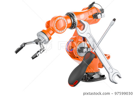 Robotic arm with screwdriver and wrench, 3D rendering Robotic arm with screwdriver and wrench, 3D rendering 97599030