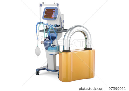 Ventilator for artificial ventilation, ICU with padlock, 3D rendering Ventilator for artificial ventilation, ICU with padlock, 3D rendering 97599031