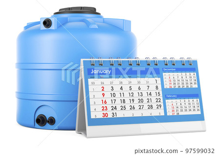 Water tank with desk calendar, 3D rendering Water tank with desk calendar, 3D rendering 97599032
