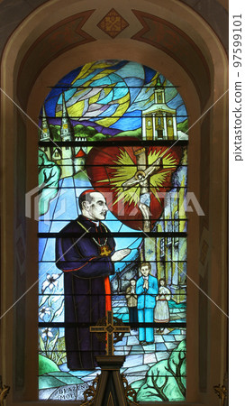 Blessed Aloysius Stepinac, stained glass window in the church of the Saint Peter in Ivanic Grad, Croatia 97599101