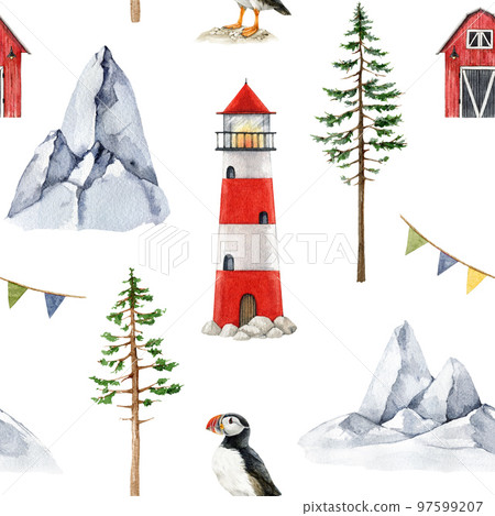Lighthouse and landscape nature elements seamless pattern. Watercolor illustration. Hand drawn bright lighthouse building, puffin, pine tree, cliff, house elements. North landscape seamless pattern Lighthouse and landscape nature elements seamless pattern. Watercolor illustration. Hand drawn bright lighthouse building, puffin, pine tree, cliff, house elements. North landscape seamless pattern 97599207
