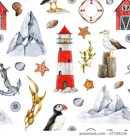 Sea life nature elements seamless pattern. Watercolor illustration. Hand drawn bright lighthouse building, puffin, seagull cliff, anchor, seaweed. Sea coast natural elements seamless pattern 97599208