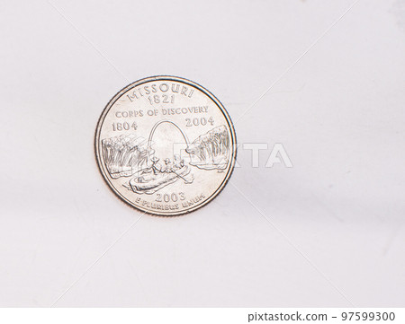 US Dollar coins President series $1 golden colored. The United States Mint honors our nation's presidents. Overhead flat lay 97599300