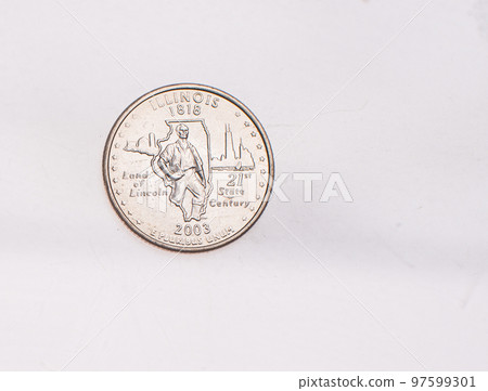 Coins of USA. Commonwealth statue in Harrisburg, Pennsylvania, depicted on the US Pennsylvania quarter (1999). 97599301