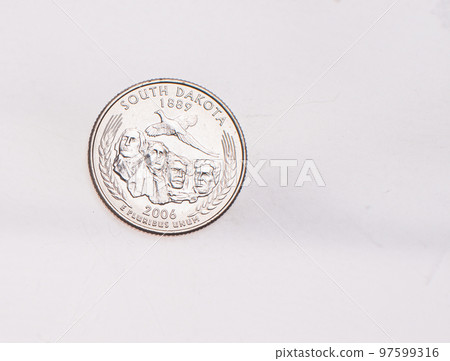 Coins of USA. Commonwealth statue in Harrisburg, Pennsylvania, depicted on the US Pennsylvania quarter (1999). 97599316