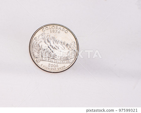 Coins of USA. Commonwealth statue in Harrisburg, Pennsylvania, depicted on the US Pennsylvania quarter (1999). 97599321