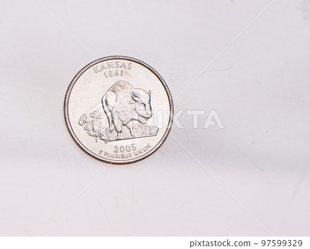 Coins of USA. Commonwealth statue in Harrisburg, Pennsylvania, depicted on the US Pennsylvania quarter (1999). 97599329