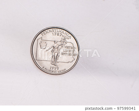 Coins of USA. Commonwealth statue in Harrisburg, Pennsylvania, depicted on the US Pennsylvania quarter (1999). 97599341