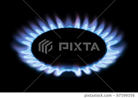 Gas burner, kitchen stove cooking flame close up shot 97599356