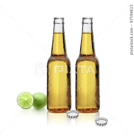 Beer bottle with lemon on white background 97599615