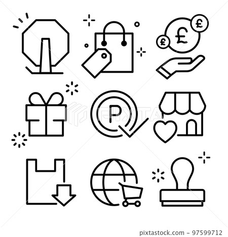 Shopping icon set Sale, points, benefits, stamps, etc. GBP Shopping icon set Sale, points, benefits, stamps, etc. GBP 97599712