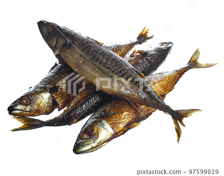 Four delicious smoked sea fish lying one on one, isolated on a white background. Delicious, natural and healthy food. Four delicious smoked sea fish lying one on one, isolated on a white background. Delicious, natural and healthy food. 97599819