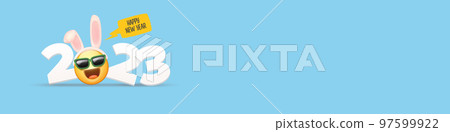 2023 Happy new year horizontal banner with funny smile face with rabbit ears and sunglasses isolated on blue background. 2023 new year banner, poster, flyer, cover with funny cute rabbit 2023 Happy new year horizontal banner with funny smile face with rabbit ears and sunglasses isolated on blue background. 2023 new year banner, poster, flyer, cover with funny cute rabbit 97599922