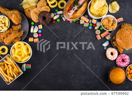 Assortment of various unhealthy junk food. Assortment of various unhealthy junk food. 97599992