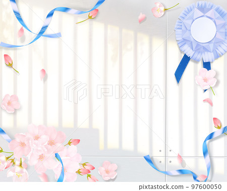 淺粉色可愛櫻花和淡藍色絲帶裝飾-光影唯美相框背景素材 97600050