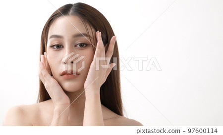 Beauty concept of 4k Resolution. Asian girl is touching her face on a white background. 97600114