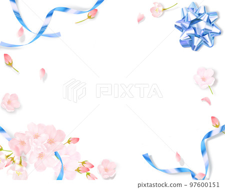 淺粉色可愛櫻花和淡藍色絲帶裝飾-白色背框背景素材 97600151