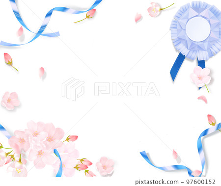 Light pink cute cherry blossoms and light blue ribbon decoration origami medal-white back frame background material 97600152