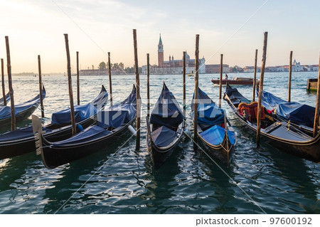 San Giorgio Maggiore church from Piazza San Marco, gondola, Venice, Italy, dawn 97600192