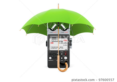 Digital voice recorder under umbrella, 3D rendering Digital voice recorder under umbrella, 3D rendering 97600557