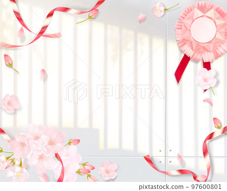 Light pink cute cherry blossoms and red ribbon decoration origami medal-beautiful frame background material of light and shadow 97600801