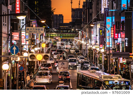 Tokyo cityscape in Japan You can see Shin-Okubo Station, Okubo Station, and the cityscape that shines in the sunset. 97601009